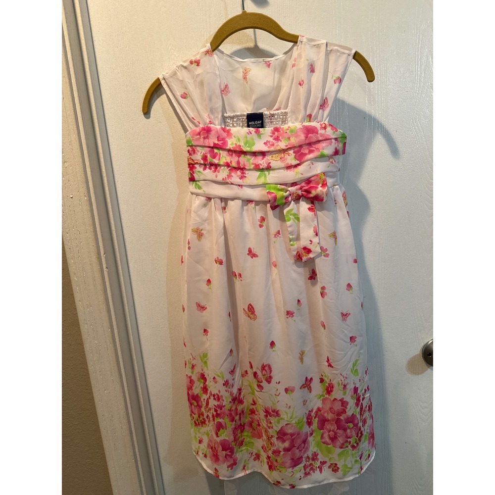 Holiday Editions Girls Floral Butterfly Dress Pink White Sleeveless Size 10/12